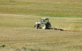 Zdjęcie przedstawia traktor pracujący na polu